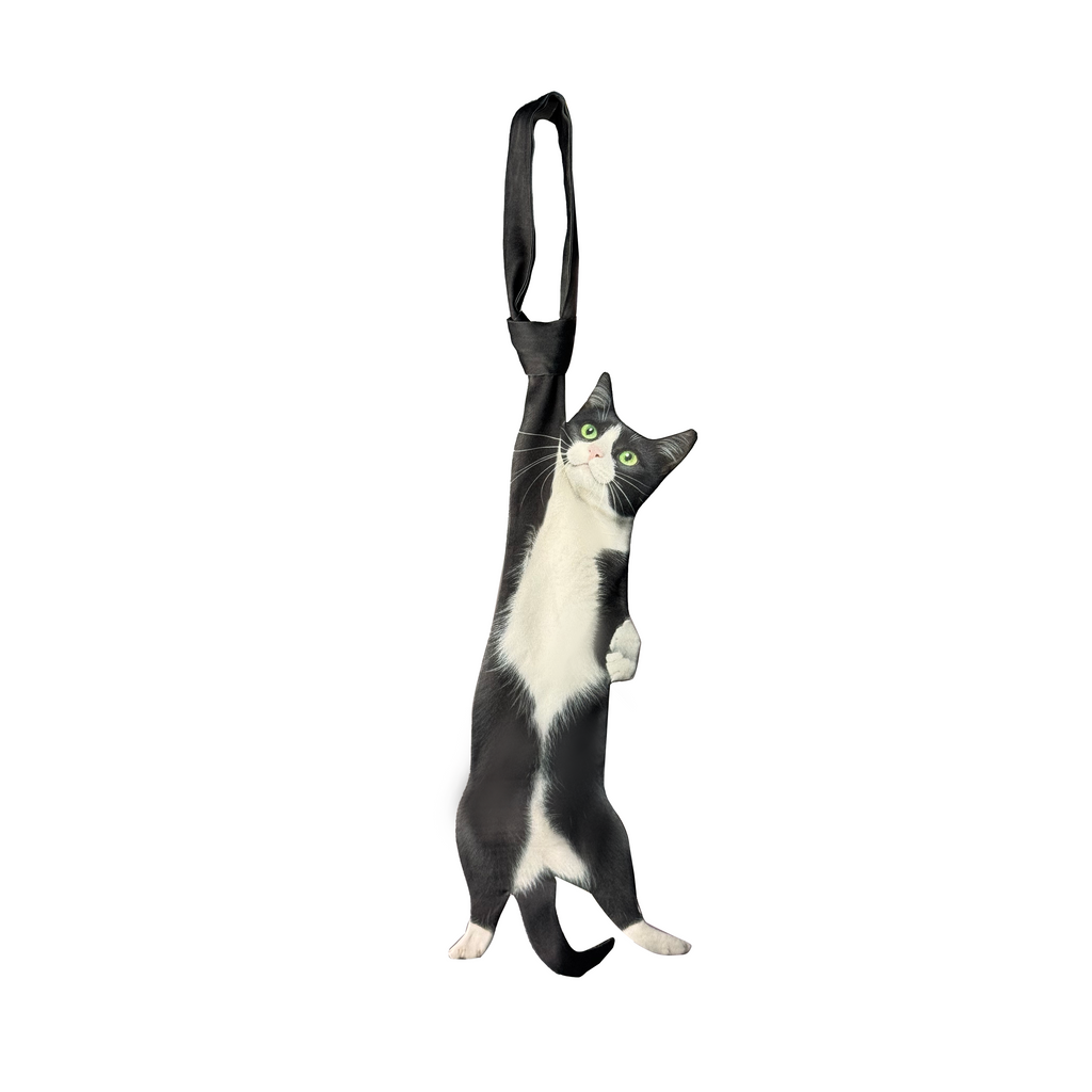 Novelty necktie featuring a realistic illustration of a black and white tuxedo cat, a playful and unique fashion accessory for cat lovers.