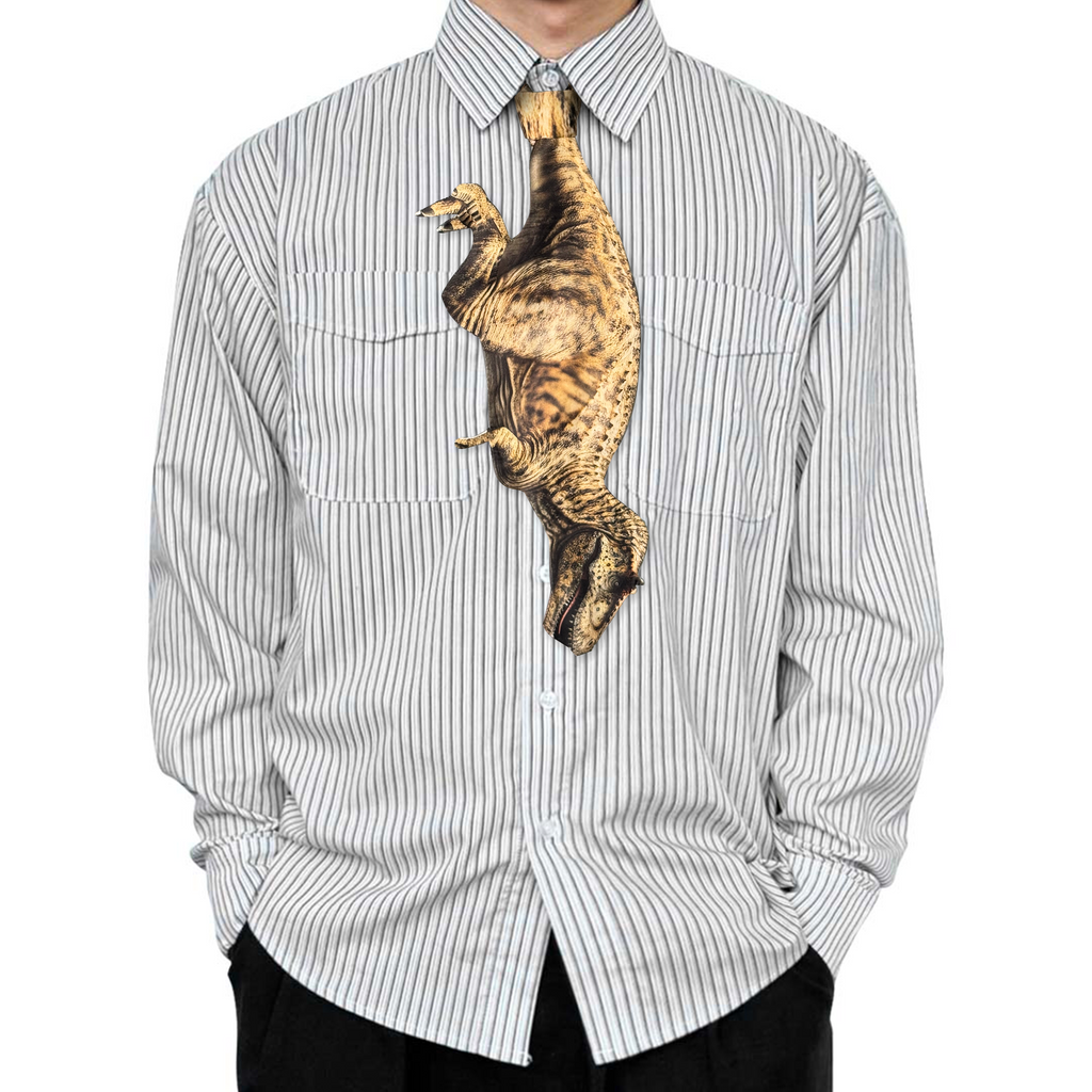 Novelty necktie featuring a detailed illustration of a theropod dinosaur from the Tyrannosauridae family, an impressive and unique fashion accessory for paleontologists and dinosaur enthusiasts.