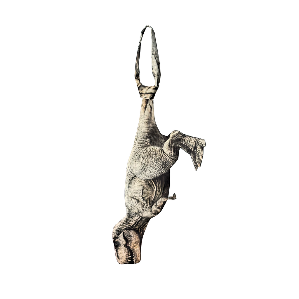 Novelty necktie featuring a realistic illustration of a Tyrannosaurus Rex, a bold and iconic fashion statement for dinosaur lovers and enthusiasts of prehistoric predators.