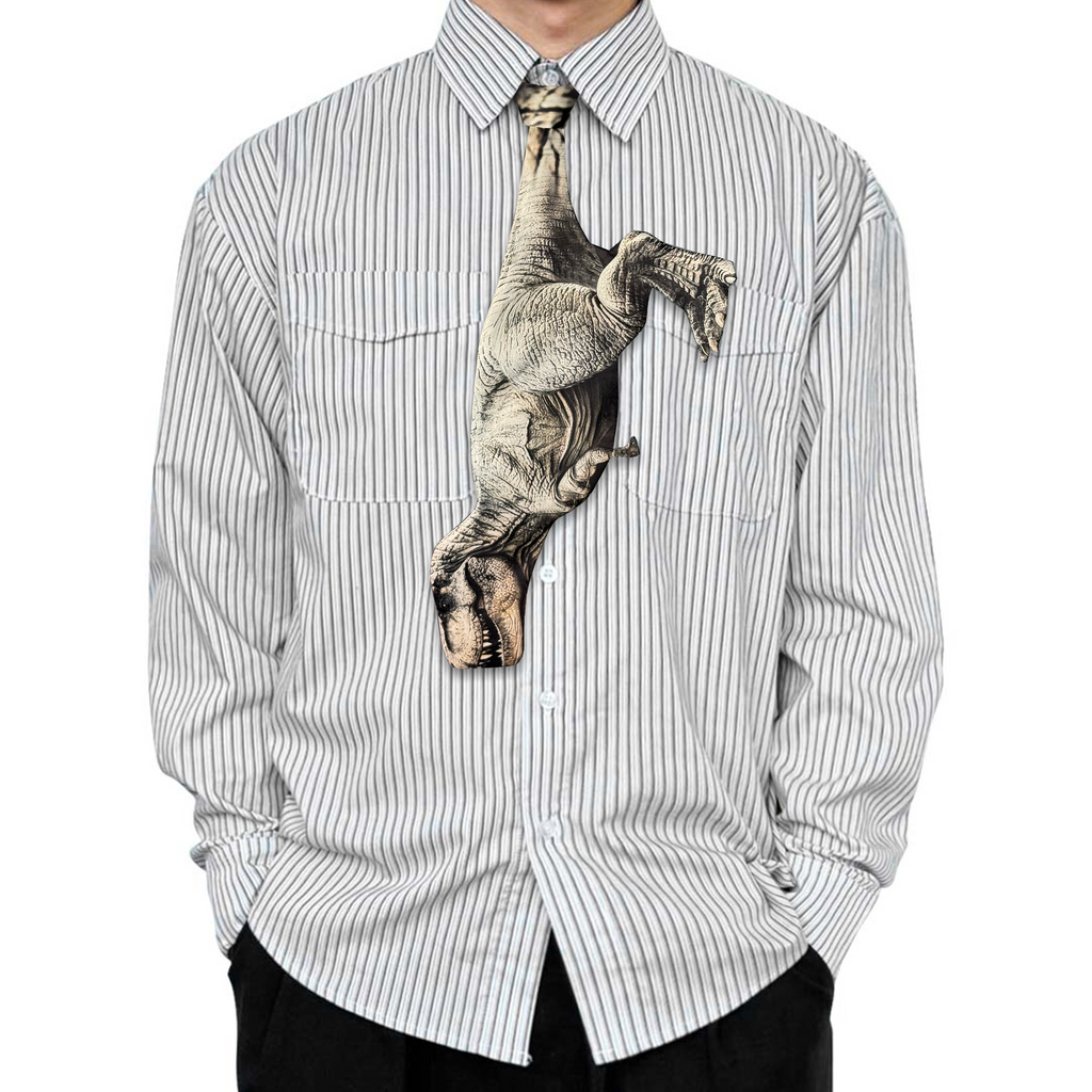 Novelty necktie featuring a realistic illustration of a Tyrannosaurus Rex, a bold and iconic fashion statement for dinosaur lovers and enthusiasts of prehistoric predators.