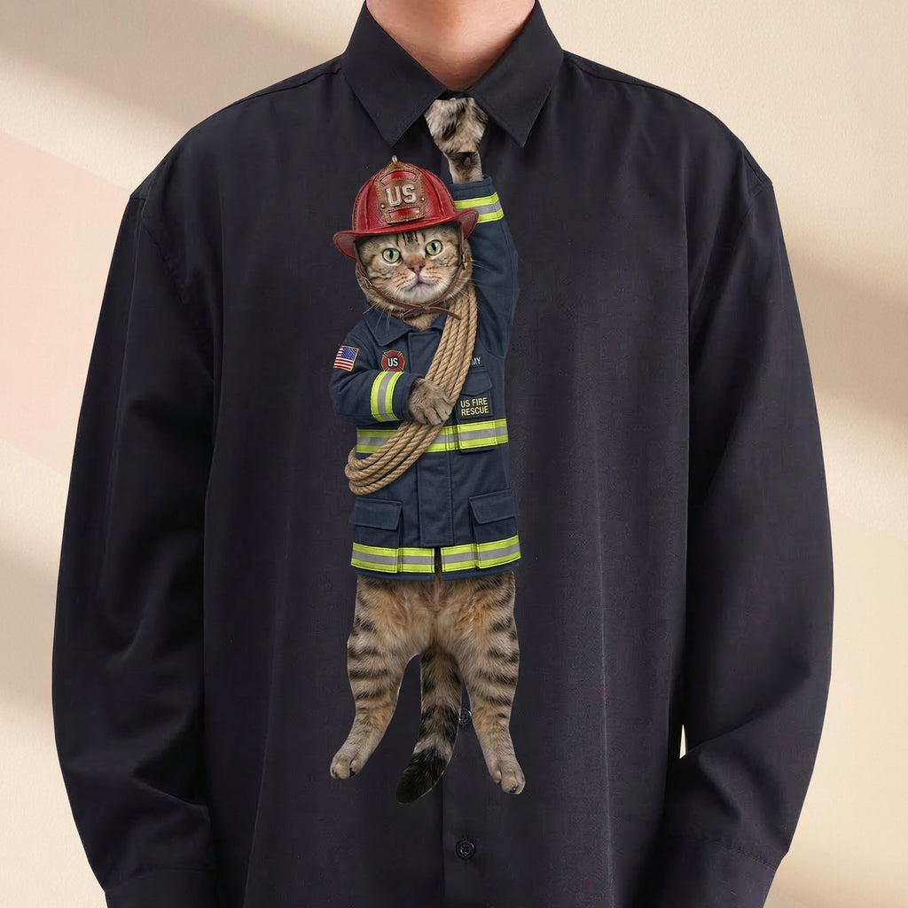 Novelty necktie featuring a tabby cat dressed as a U.S. fire rescue worker in a dark blue uniform with yellow reflective stripes, wearing a red helmet and carrying a coiled rescue rope