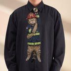 Novelty necktie featuring a tabby cat dressed as a U.S. fire rescue worker in a dark blue uniform with yellow reflective stripes, wearing a red helmet and carrying a coiled rescue rope