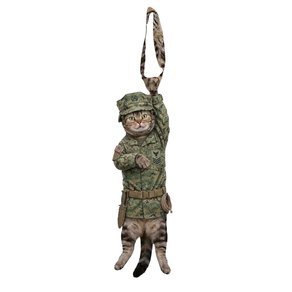 Novelty necktie featuring a tabby cat dressed in a U.S. Navy digital camouflage uniform, complete with a matching tactical cap, belt, and gear