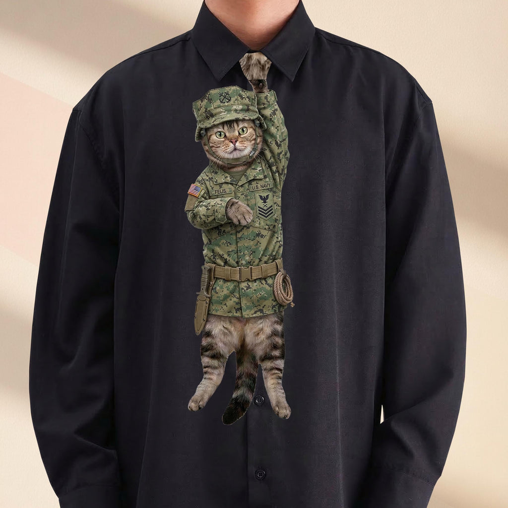 Novelty necktie featuring a tabby cat dressed in a U.S. Navy digital camouflage uniform, complete with a matching tactical cap, belt, and gear