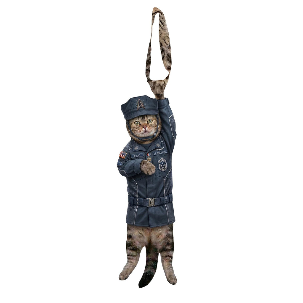 Novelty necktie featuring a tabby cat dressed in a formal U.S. Space Force uniform, complete with a matching service cap and military insignias