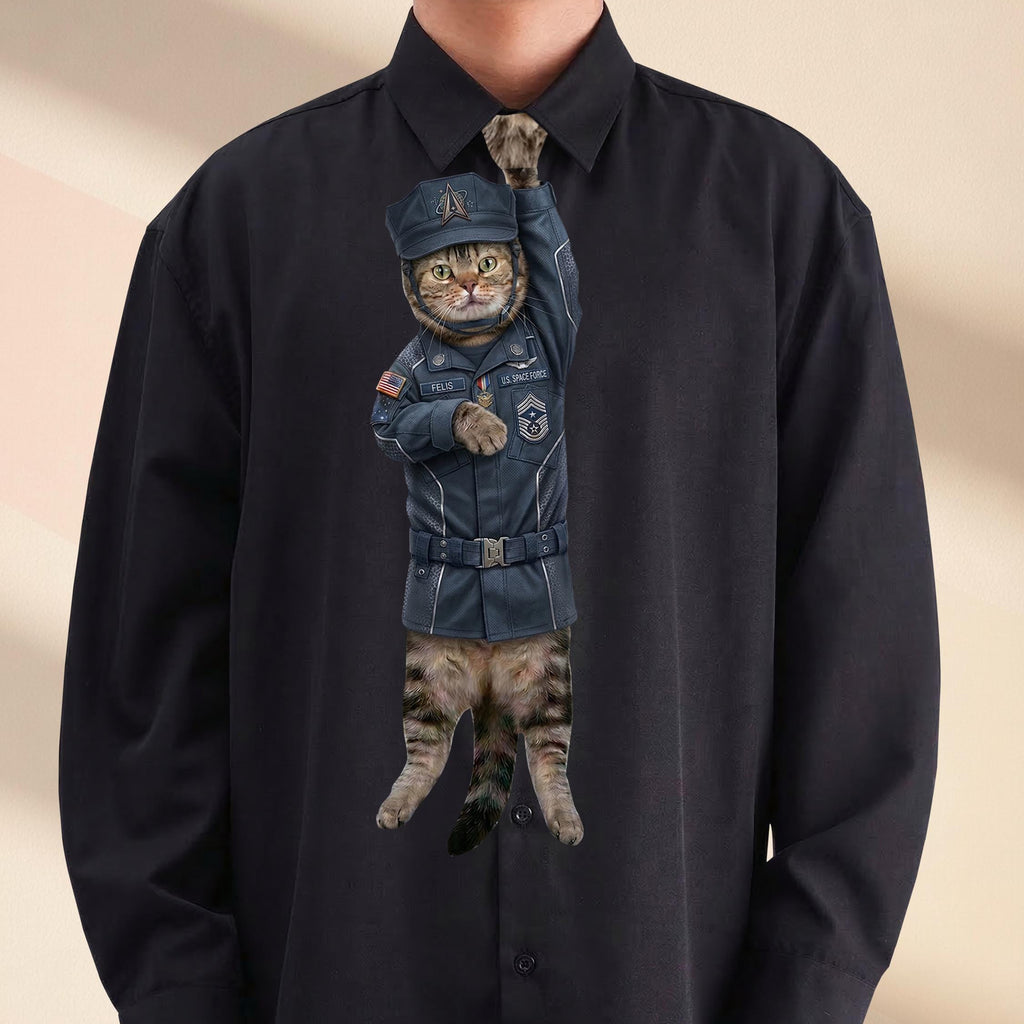 Novelty necktie featuring a tabby cat dressed in a formal U.S. Space Force uniform, complete with a matching service cap and military insignias