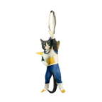 Novelty necktie featuring a creative illustration of a tuxedo cat cosplaying as Vegeta from Dragon Ball, wearing his iconic Saiyan battle armor, a fun and unique fashion accessory for anime fans