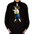 Novelty necktie featuring a creative illustration of a tuxedo cat cosplaying as Vegeta from Dragon Ball, wearing his iconic Saiyan battle armor, a fun and unique fashion accessory for anime fans