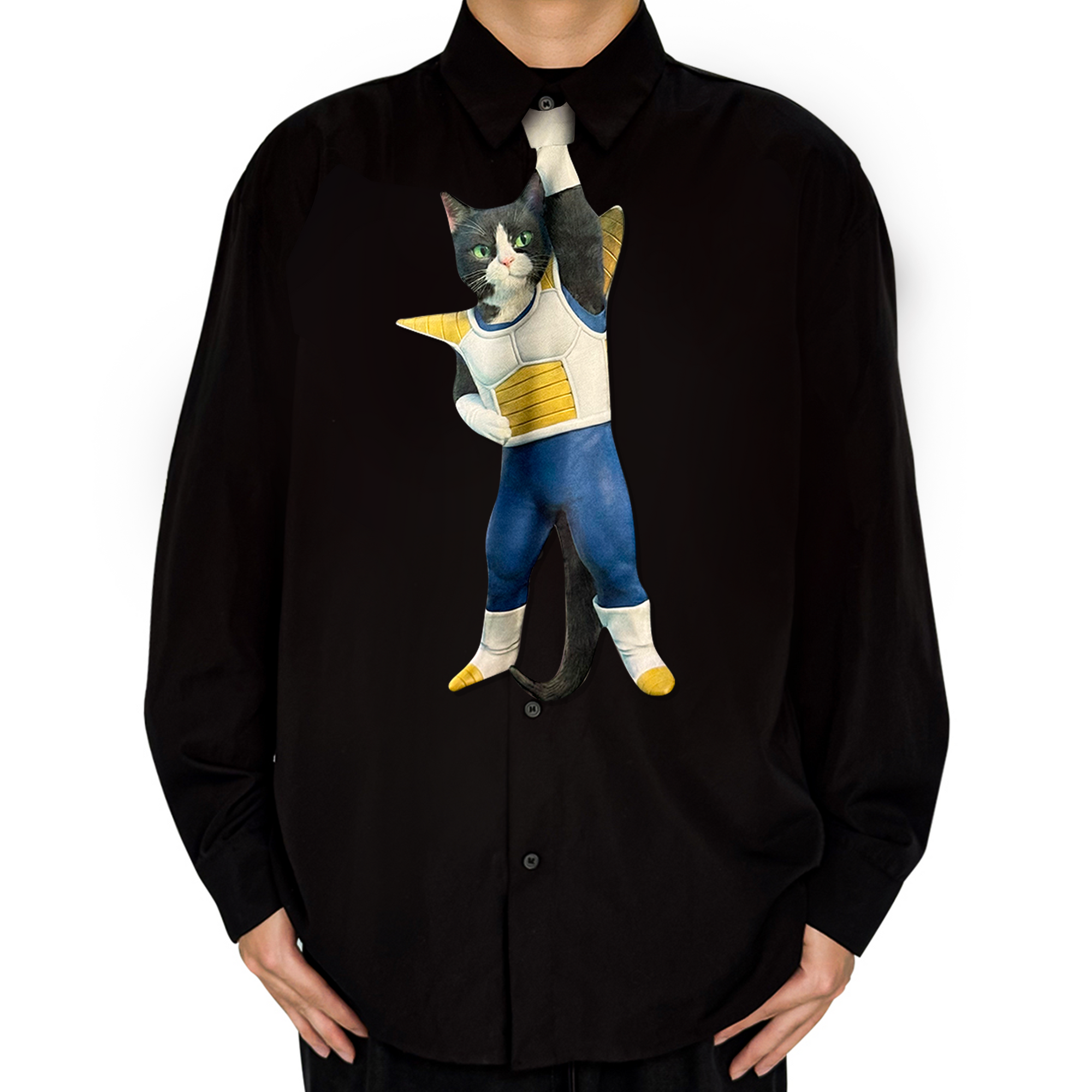 Novelty necktie featuring a creative illustration of a tuxedo cat cosplaying as Vegeta from Dragon Ball, wearing his iconic Saiyan battle armor, a fun and unique fashion accessory for anime fans