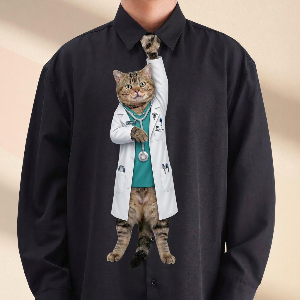 Novelty necktie featuring a tabby cat dressed as a veterinarian in a white lab coat over teal scrubs, with a stethoscope and a 'PET HOSPITAL' badge.