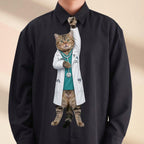 Novelty necktie featuring a tabby cat dressed as a veterinarian in a white lab coat over teal scrubs, with a stethoscope and a 'PET HOSPITAL' badge.