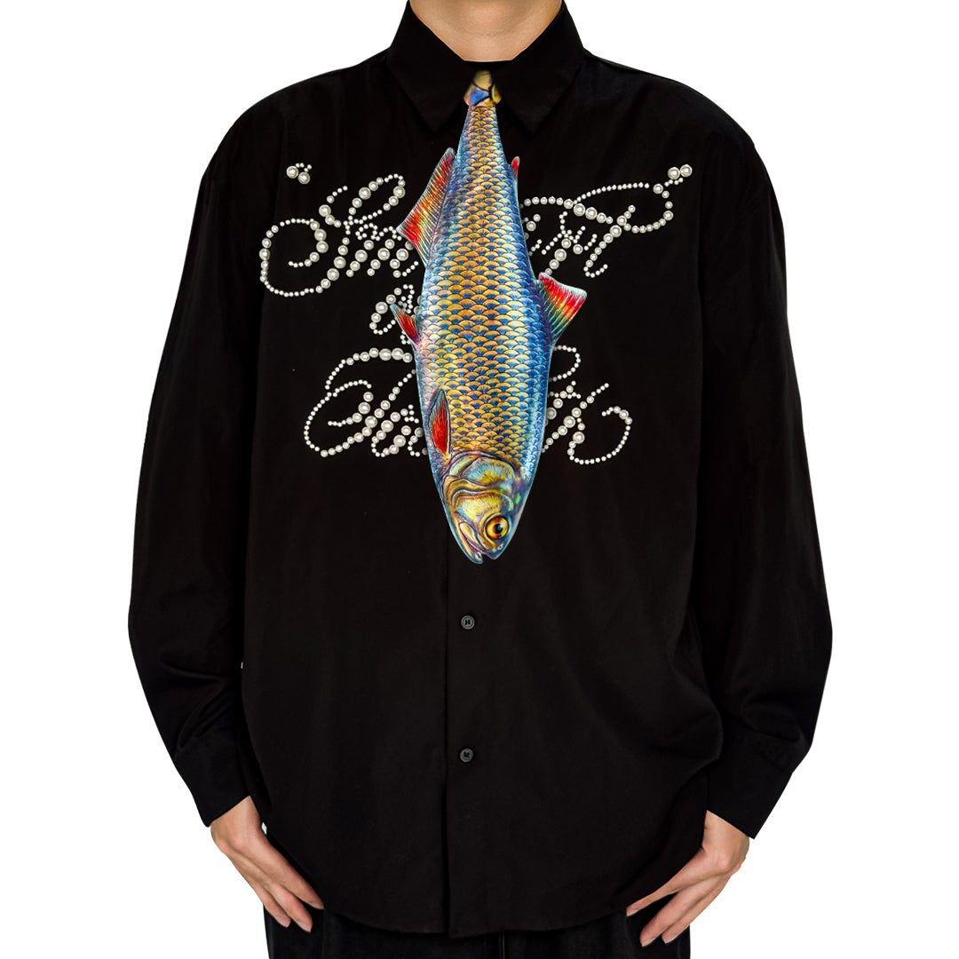 Novelty necktie featuring a realistic, detailed illustration of a fish with vibrant, iridescent blue and yellow scales, a unique and eye-catching fashion accessory for aquatic life enthusiasts.
