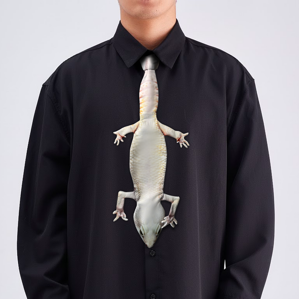 Novelty necktie featuring a realistic white gecko design, a unique and eye-catching fashion accessory.