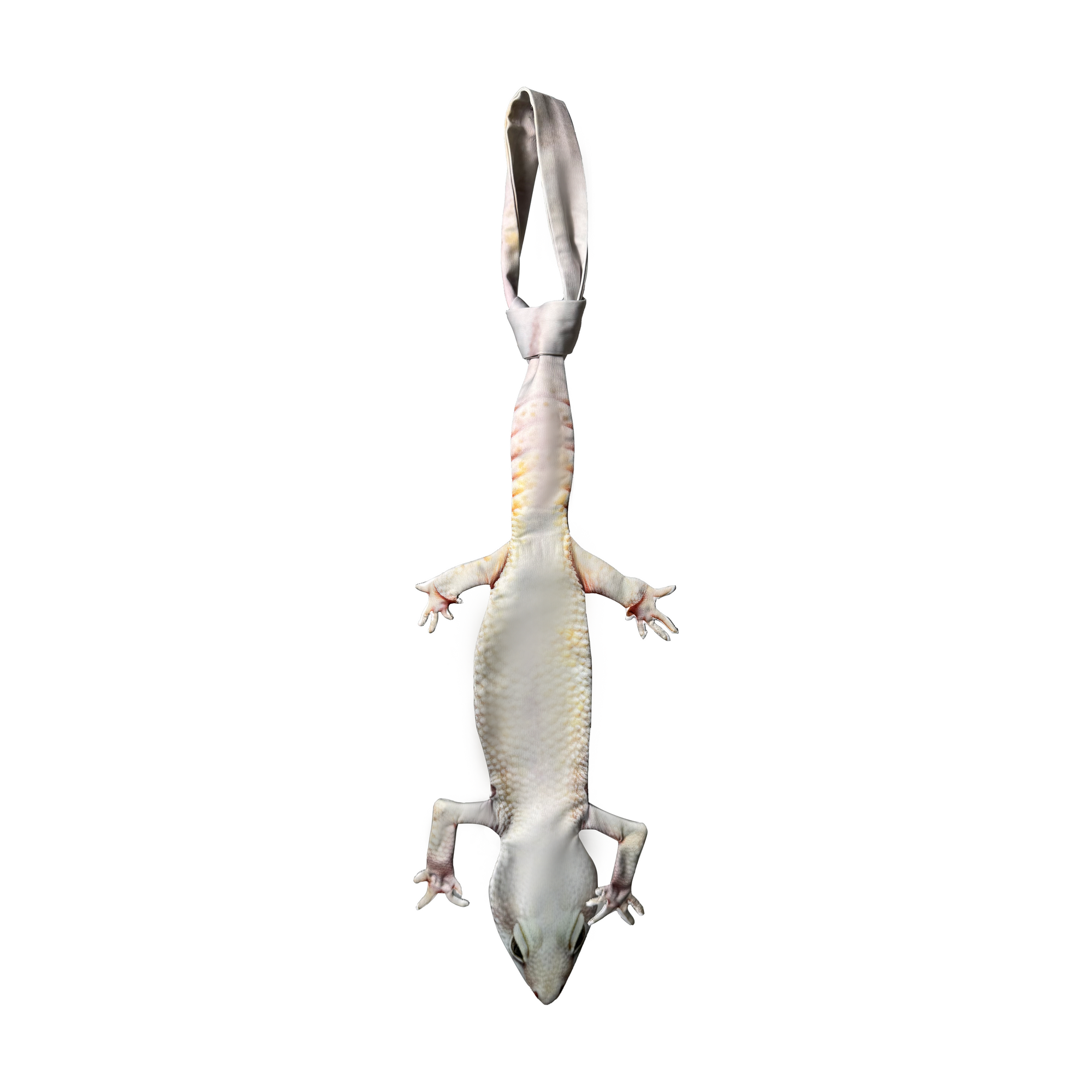 Novelty necktie featuring a realistic white gecko design, a unique and eye-catching fashion accessory.