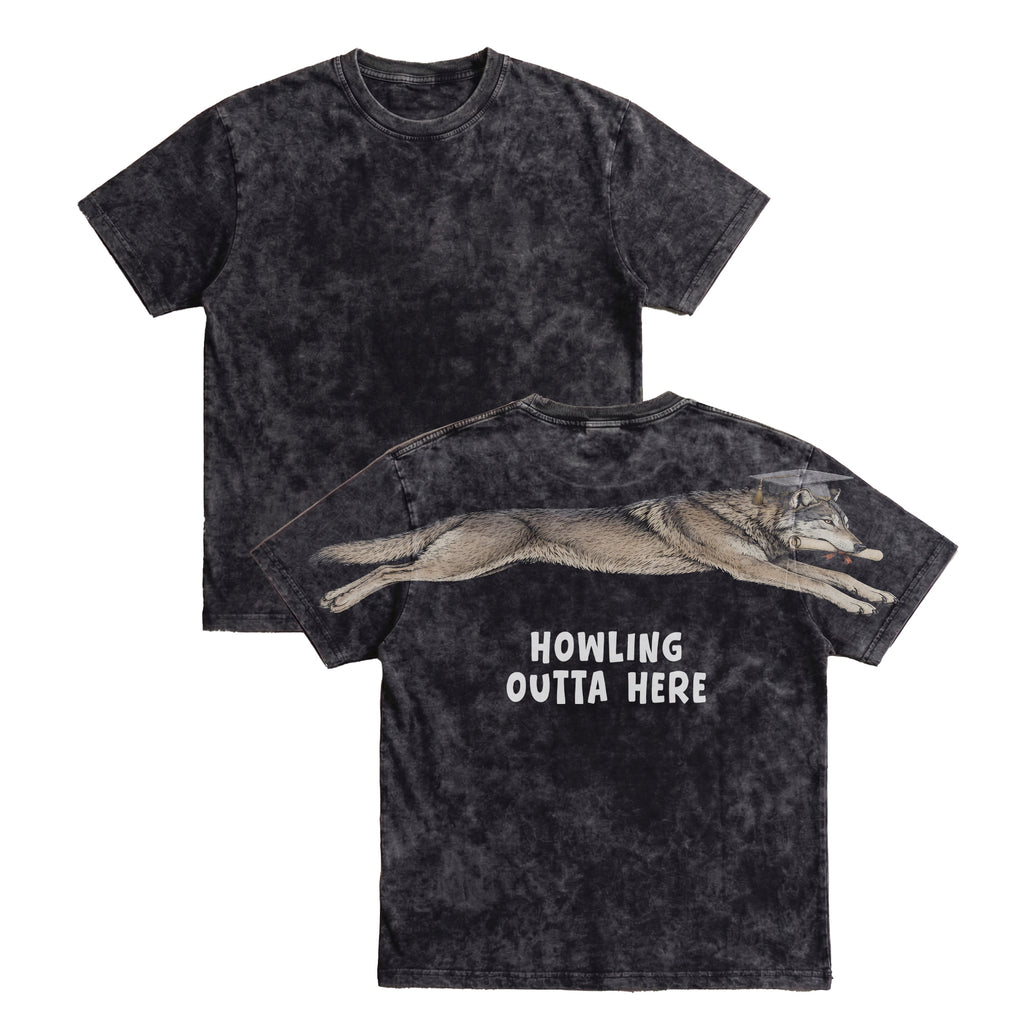 Wolf Howling Outta Here graduation graphic tee by Dripvity, unisex oversized white t-shirt with leaping wolf in graduation cap and diploma