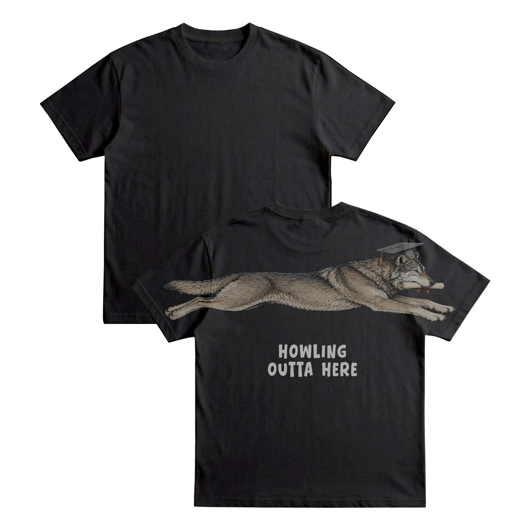 Wolf Howling Outta Here graduation graphic tee by Dripvity, unisex oversized white t-shirt with leaping wolf in graduation cap and diploma