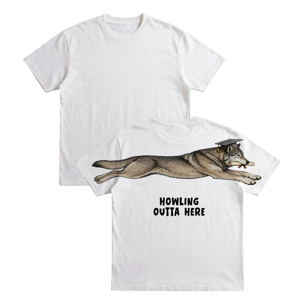 Wolf Howling Outta Here graduation graphic tee by Dripvity, unisex oversized white t-shirt with leaping wolf in graduation cap and diploma