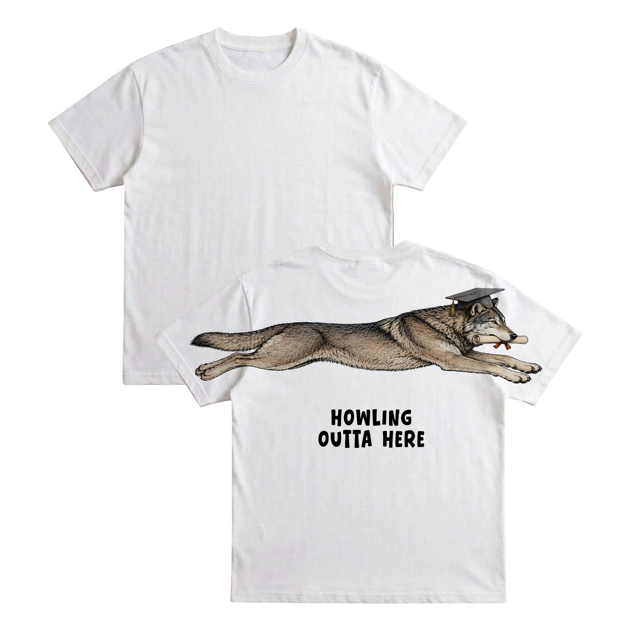 Wolf Howling Outta Here graduation graphic tee by Dripvity, unisex oversized white t-shirt with leaping wolf in graduation cap and diploma