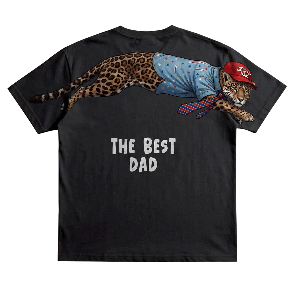 Worlds Greatest Dad jaguar graphic tee funny fathers day by Dripvity, unisex oversized white t-shirt with leaping jaguar wearing cap design