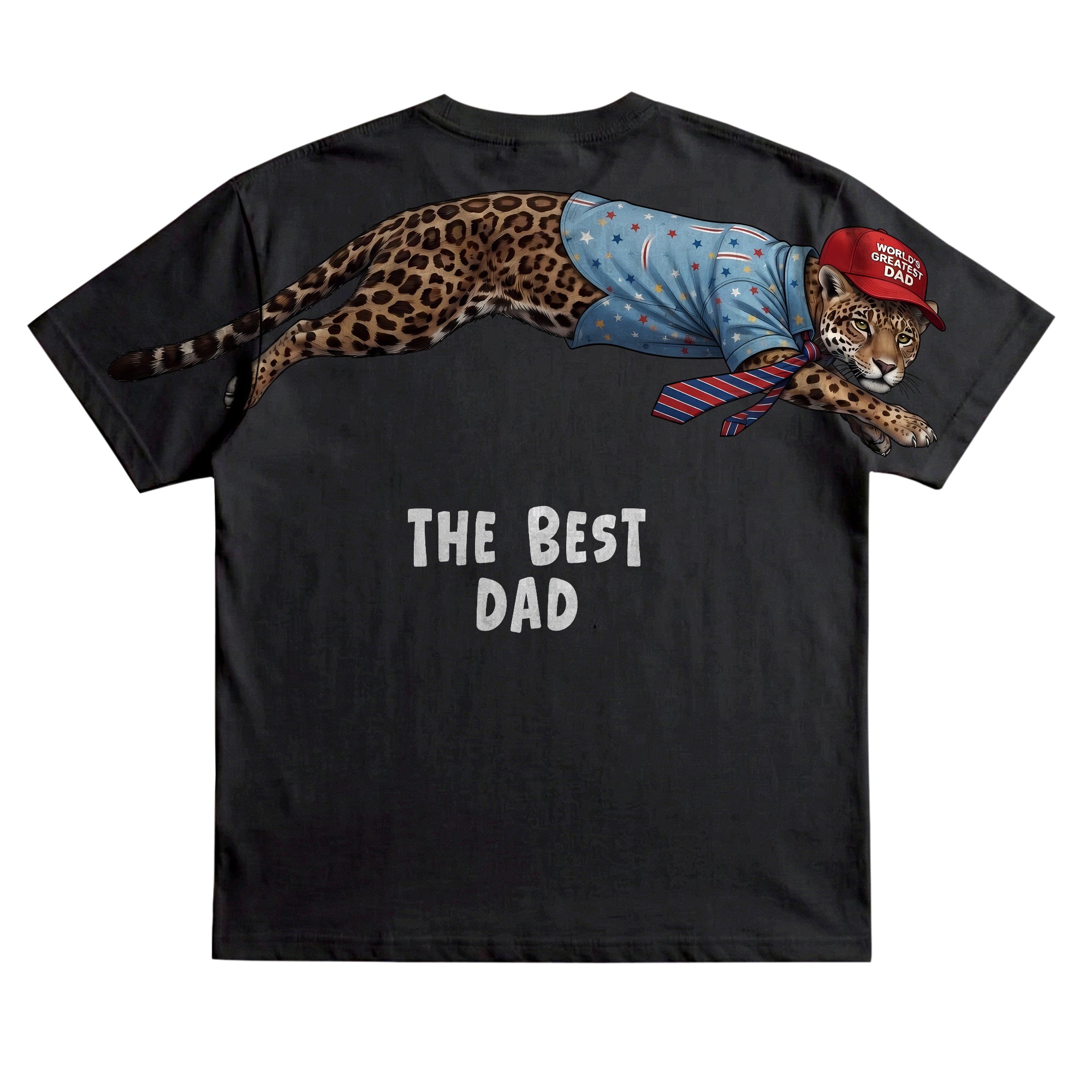 Worlds Greatest Dad jaguar graphic tee funny fathers day by Dripvity, unisex oversized white t-shirt with leaping jaguar wearing cap design