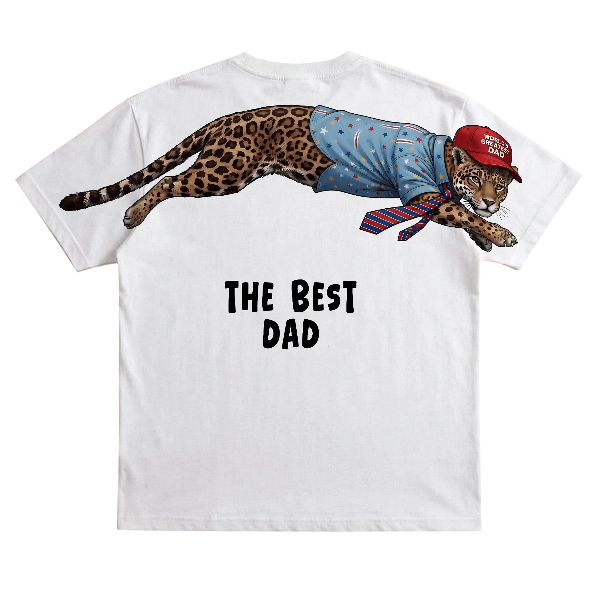 Worlds Greatest Dad jaguar graphic tee funny fathers day by Dripvity, unisex oversized white t-shirt with leaping jaguar wearing cap design