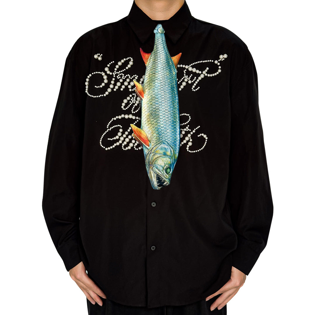 Novelty necktie featuring a realistic, detailed illustration of a predatory fish with vibrant blue and silver scales, a unique and eye-catching fashion accessory for aquatic life enthusiasts.