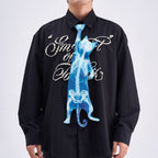 Unique novelty necktie featuring a blue X-ray skeleton design of a cat, an edgy and artistic fashion accessory.