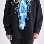 Unique novelty tie featuring a blue X-ray skeleton design of a chameleon, an edgy and artistic fashion accessory for standout looks.
