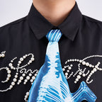 Unique novelty tie featuring a blue X-ray skeleton design of a chameleon, an edgy and artistic fashion accessory for standout looks.