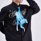 Unique novelty tie featuring a blue X-ray skeleton design of a monkey, a bold and edgy fashion accessory for creative outfits.