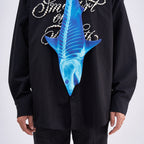 Unique novelty necktie featuring a blue X-ray skeleton design of a shark, a bold and edgy fashion accessory.