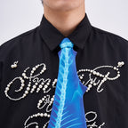 Unique novelty necktie featuring a blue X-ray skeleton design of a shark, a bold and edgy fashion accessory.