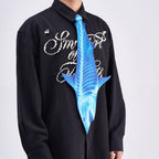 Unique novelty necktie featuring a blue X-ray skeleton design of a shark, a bold and edgy fashion accessory.