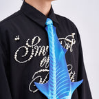Unique novelty necktie featuring a blue X-ray skeleton design of a shark, a bold and edgy fashion accessory.