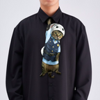 Novelty necktie featuring a cute cat dressed as a police officer with a uniform and hat, a fun and unique fashion accessory.