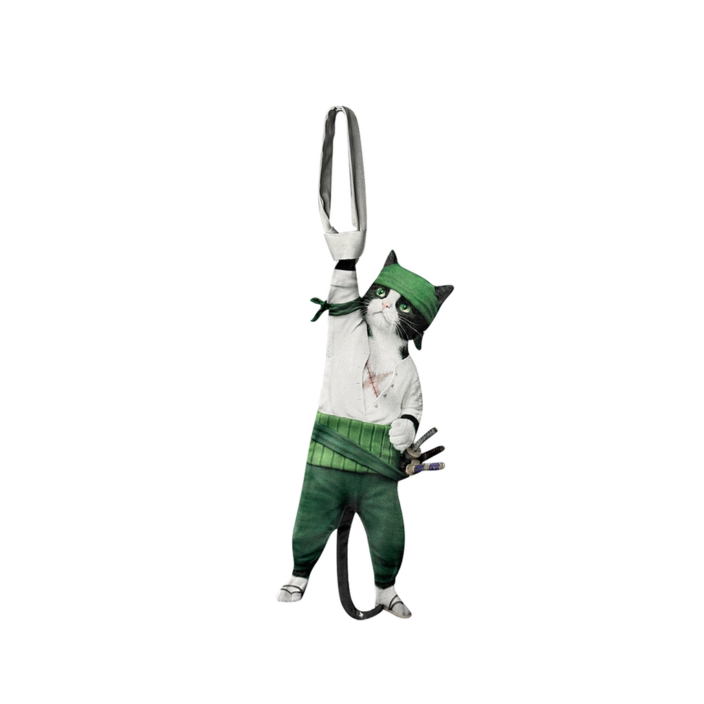 "Novelty necktie featuring a creative illustration of a tuxedo cat cosplaying as Roronoa Zoro from One Piece, wearing his signature green bandana, white shirt, and carrying his katanas, a fun and unique fashion accessory for anime fans