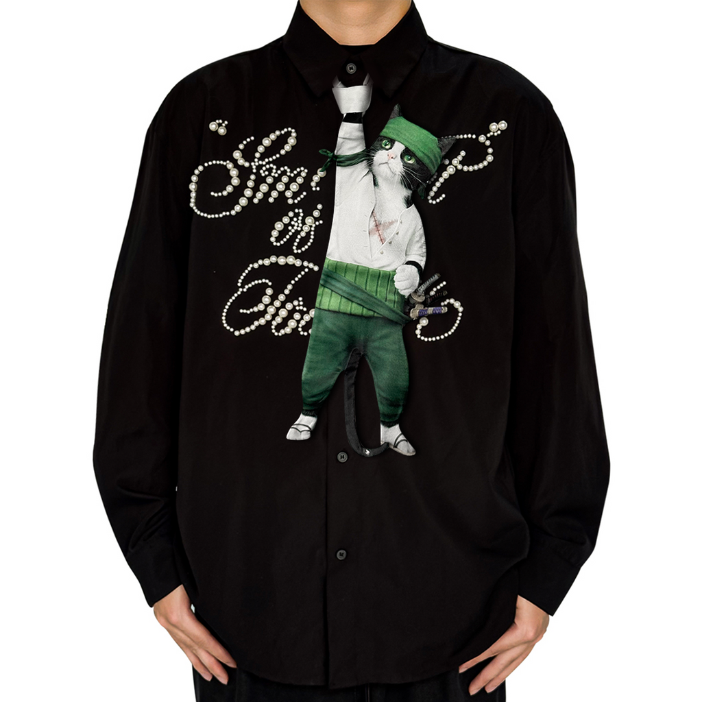 Novelty necktie featuring a creative illustration of a tuxedo cat cosplaying as Roronoa Zoro from One Piece, wearing his signature green bandana, white shirt, and carrying his katanas, a fun and unique fashion accessory for anime fans