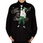 Novelty necktie featuring a creative illustration of a tuxedo cat cosplaying as Roronoa Zoro from One Piece, wearing his signature green bandana, white shirt, and carrying his katanas, a fun and unique fashion accessory for anime fans